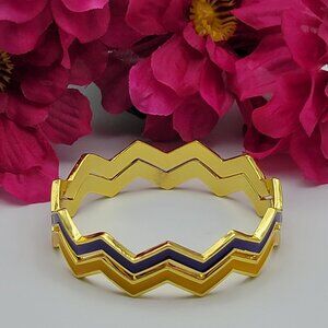 Gold Tone Blue And Orange Enamel Zig Zag Bangle Bracelet 8" Set Of 2 Stackable I